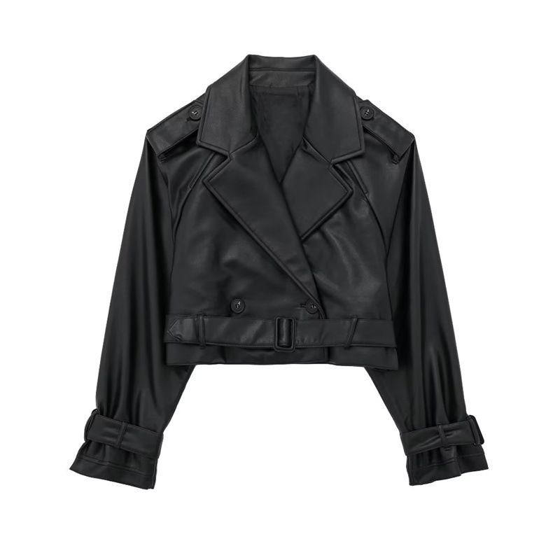 Trench in PU stile americano alla moda autunno nuovo bottone decorazione giacca alla moda tinta unita allentato da donna_voghion.com