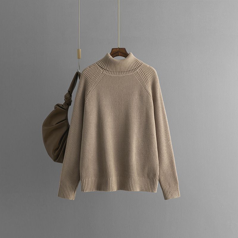 Damenbekleidung Einfarbiger Rollkragenpullover Herbst und Winter Verdickter lockerer Pullover Oberteil Strickpullover_voghion.com