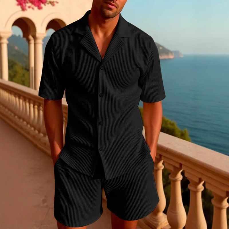 Men's Sports Suits Spring And Summer New Striped Lapel Short Sleeved Shorts Two Piece Suits_voghion.com