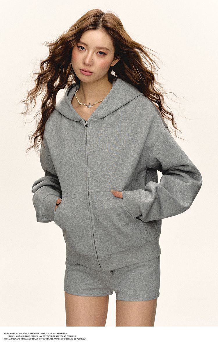 Aaisup Gray Short Hooded Cardigan Sweatshirt For Women 2025 Spring New Loose Basic Versatile Casual Jacket_voghion.com