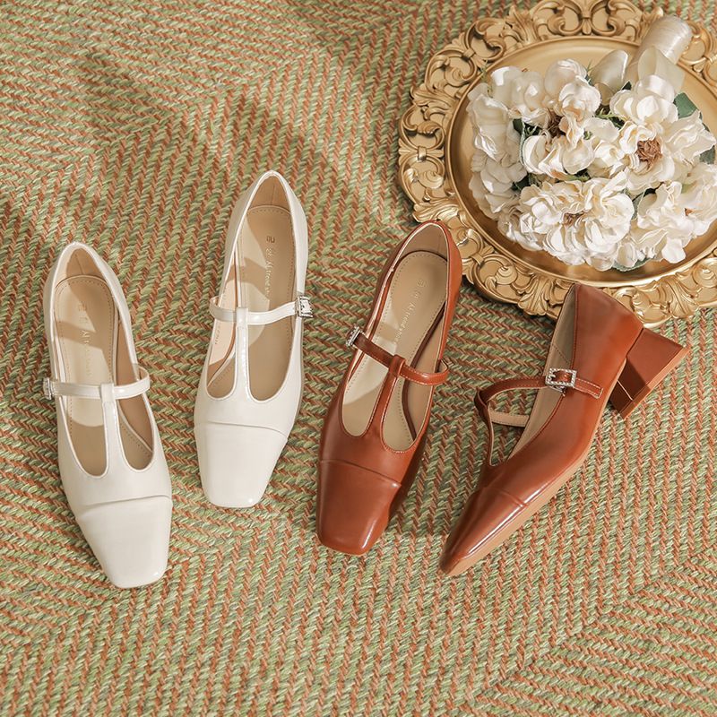 2025 New Style Chanel-Inspired Patchwork Square Toe Mary Jane Women's Solid Color Sheepskin Cushioned Chunky Heel Single_voghion.com