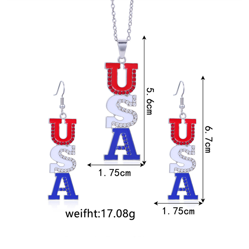 New Independence Day Alloy Diamond with American Map Flag Stripe Earrings Necklace Set_voghion.com