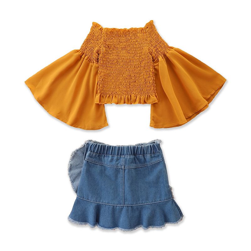 Grenzüberschreitende Kinderkleidung für Kinder im Frühlings- und Sommerstil, modischer Chiffon-One-Shoulder-Trompetenärmel-Top-Jeansrock-Mädchenanzug_voghion.com
