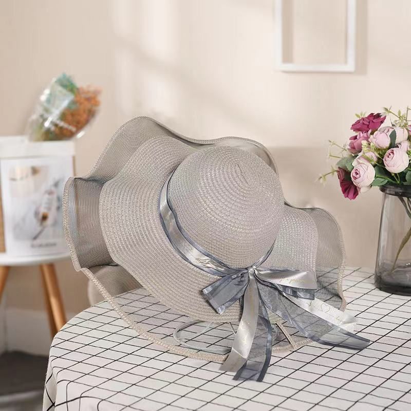Kannerhut Mesh Stréi Sonneschutz Spitz Grouss Daach Wellenrand Strand Fëscherhut Koreanesch Versioun Schleif_voghion.com
