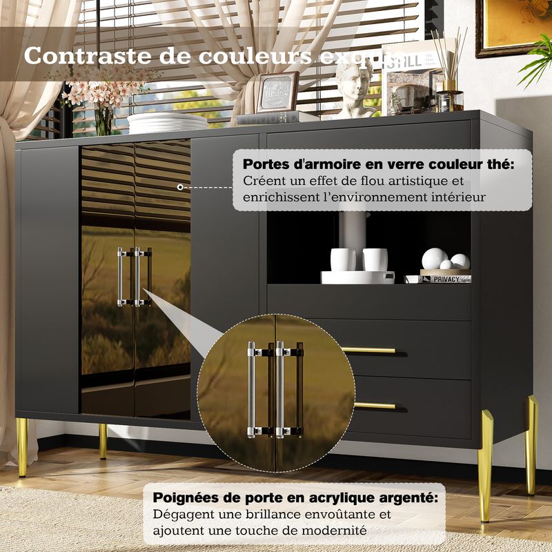 Credenza Schwarz Mit Tealfarbener Glastür, Kristallgriffen, Goldene Beine_voghion.com