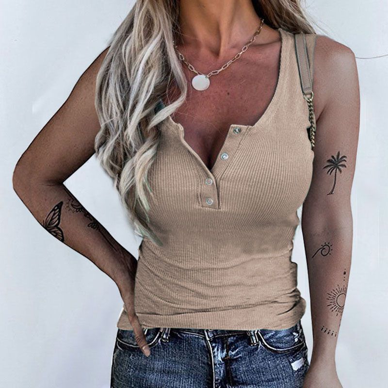 2023 sommer Neue frauen Gewinde Taste Slim Fit Tank Top T-shirt_voghion.com