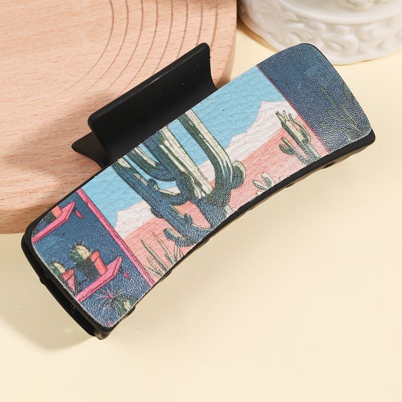 Kaktus-Haarspange aus PU-Leder mit Aufdruck – Wüstenpflanze im Anime-Stil, Krallenklammer für den Hinterkopf – Großer Hai-Clip_voghion.com