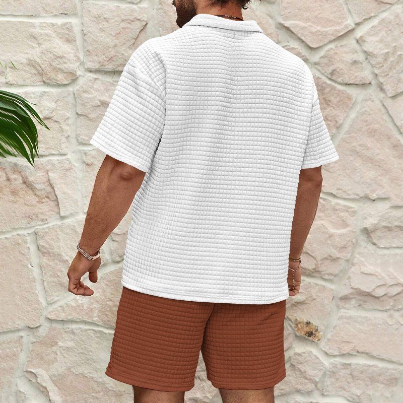 Abbigliamento da uomo, camicia con risvolto e zip a un quarto, top e pantaloncini, completo_voghion.com