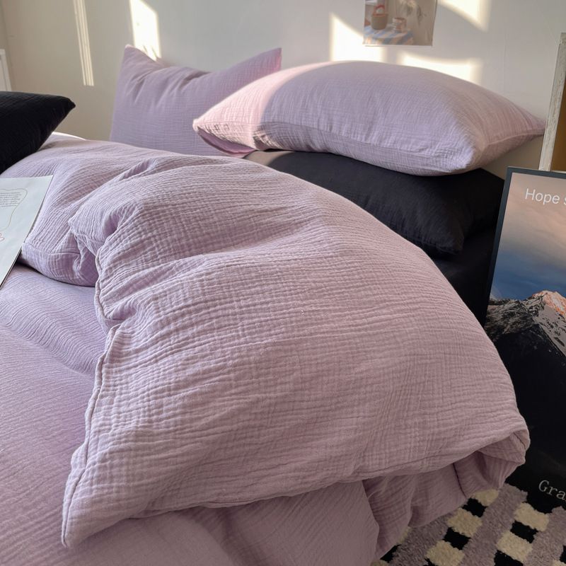 skin-friendly Soft Milk Tea Color Double Yarn Duvet Cover, Washed Cotton Four-piece Set, Bed Sheet Set Of Three_voghion.com