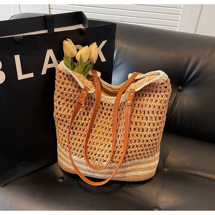 Borsa di paglia Borsa intrecciata Borsa di cotone intrecciata Borsa a tracolla a rete cava da donna Grande capacità Borsa da spiaggia per le vacanze al mare_voghion.com