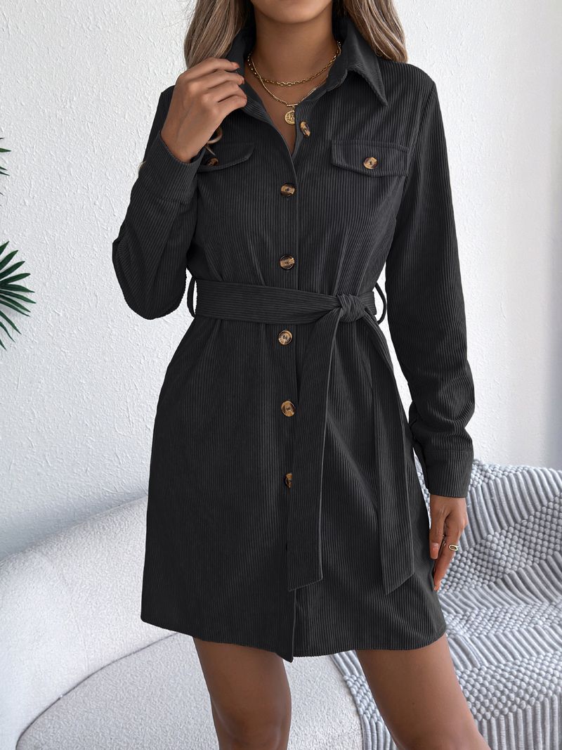 Abito camicia in velluto a coste monopetto, casual, tinta unita, a maniche lunghe, da donna, per autunno e inverno_voghion.com