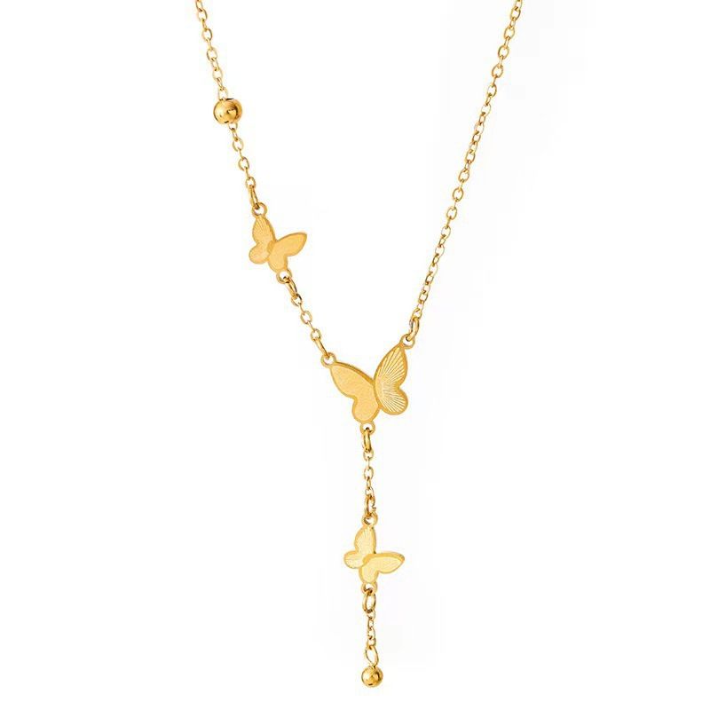 French Style Light Luxury Butterfly Tassel Titanium Steel Necklace For Women, Gentle And Versatile, High-end Gold Lock_voghion.com