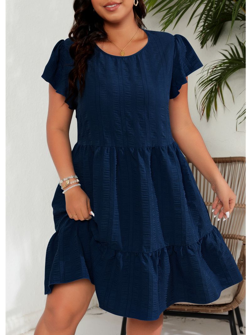 Women's Clothing Large Size Round Neck Lotus Leaf Sleeve Waist Holiday Leisure Temperament Dress_voghion.com