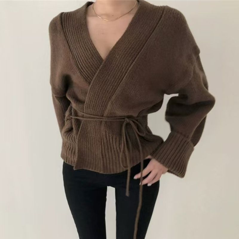 French lazy style deep V-neck knitted cardigan for women, 2024 autumn and winter cross tie design, pure desire sweater_voghion.com