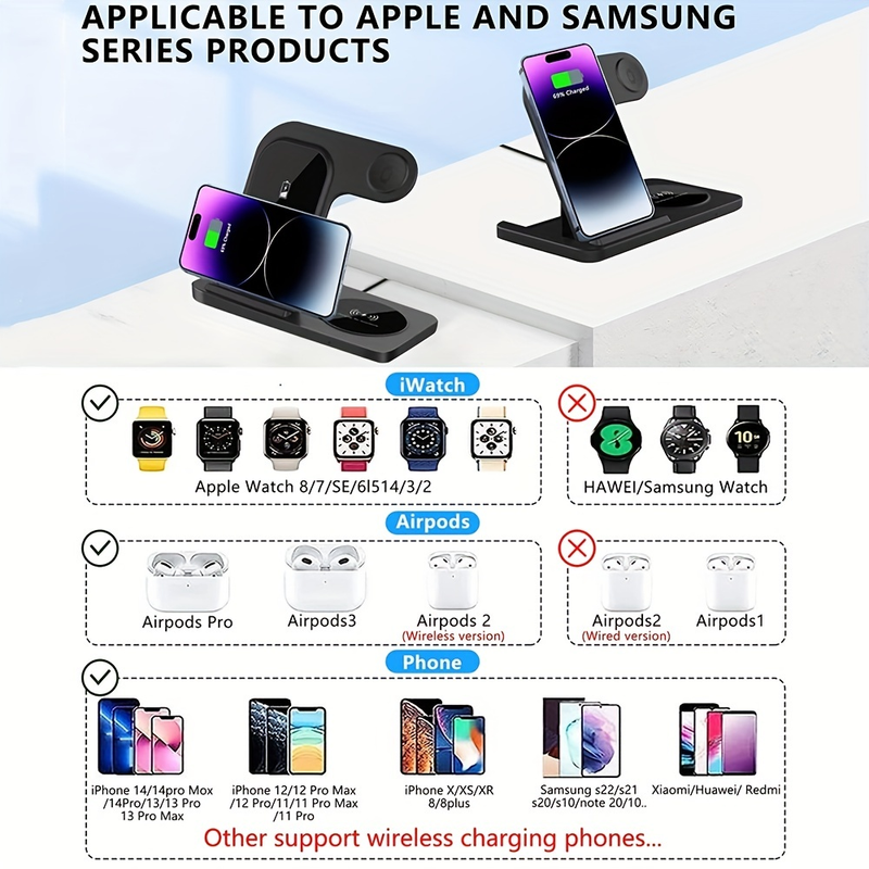 Langaton latausasema Applen useille laitteille Taitettava 3 in 1 pikalatausasema teline Apple Watch IWatch -sarjalle 8 7 6 SE 5 4 3 2 Ai_voghion.com