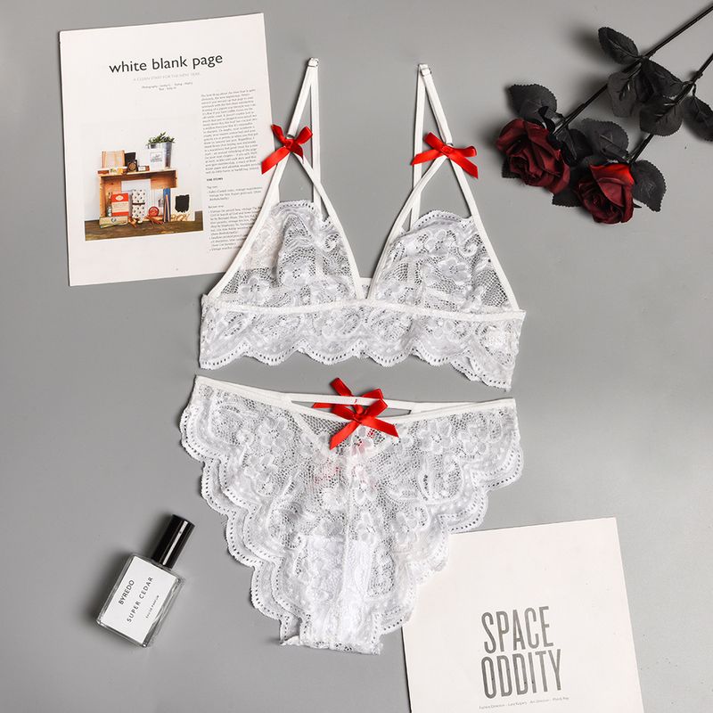 Women's Intimates New Bow Deep V Jacquard Two Piece Sexy Lingerie_voghion.com