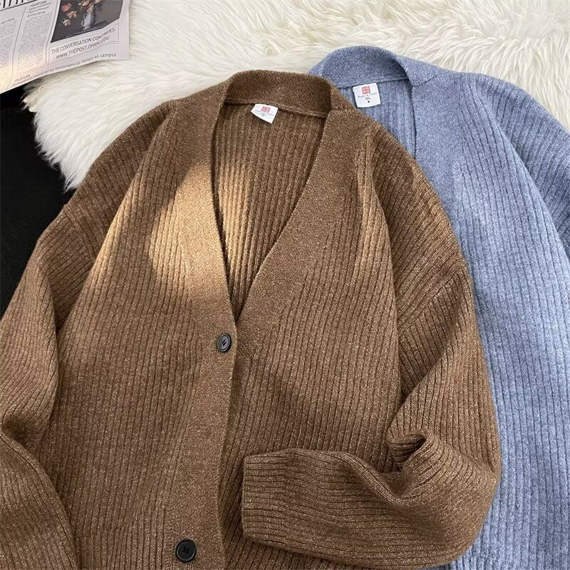 Herfst 2025 Nieuwe Cardigan Amerikaanse Casual Lazy Style V-hals Gebreide Trui Heren Effen Kleur Jas Trendy_voghion.com