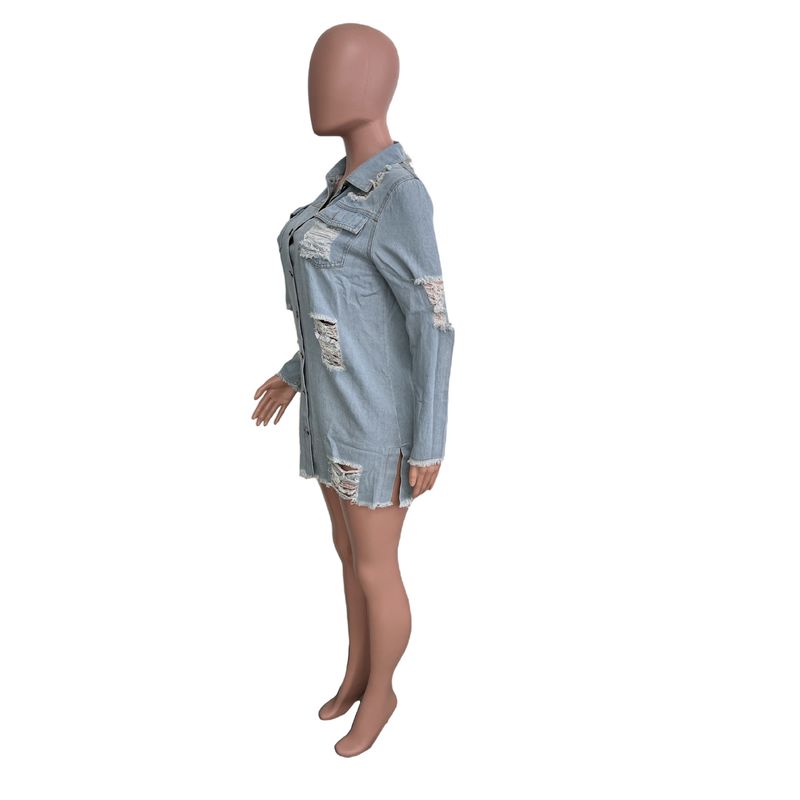 Palton din denim pentru femei, la modă, cu ciucuri, un singur rând de nasturi, cu găuri, lung, cu mânecă lungă, trench din denim_voghion.com