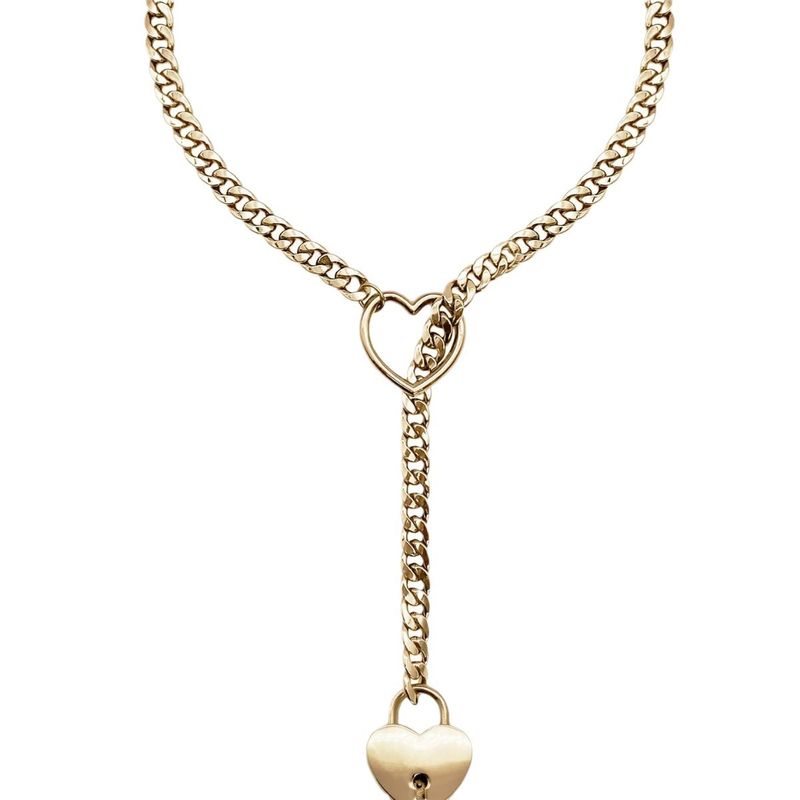 Collana in ottone placcato oro vero, di grande vendita, con anello a forma di cuore, stile punk, rock, cubano, lunga catena, con lucchetto a cuore._voghion.com