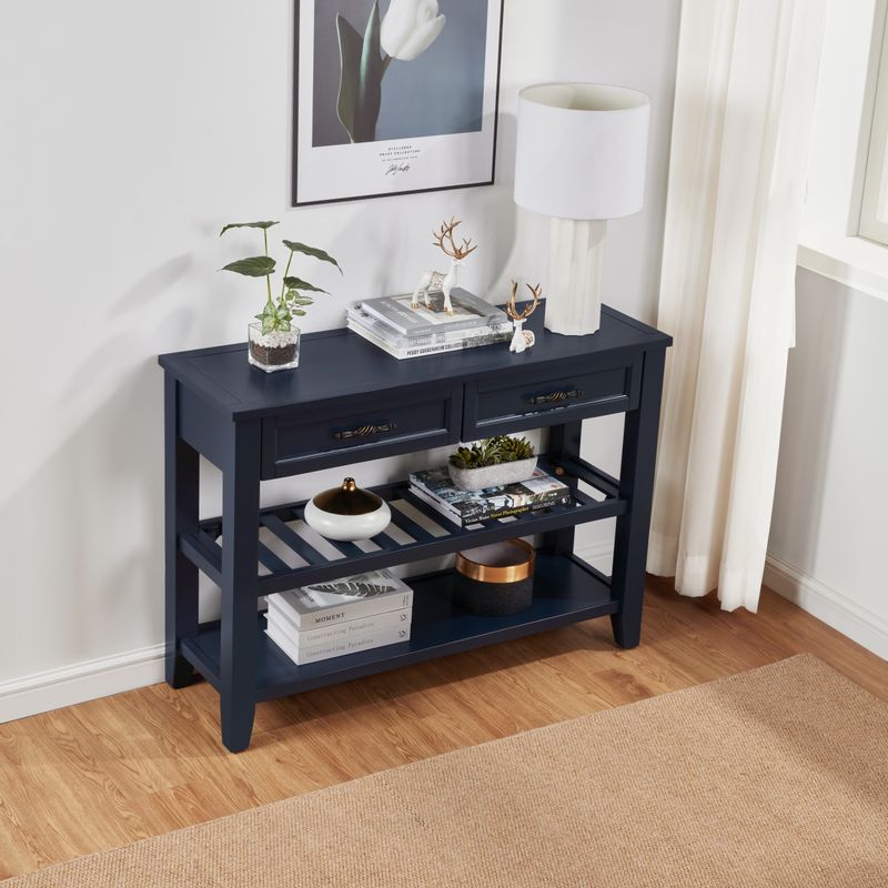 Retro Design Console Table With Two Open Shelves, Pine Solid Wood Frame And Legs For Living Room_voghion.com