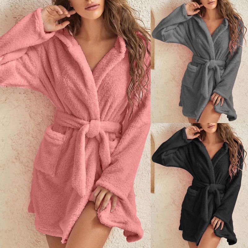Beliebte Herbst und Winter Kapuzen Home Plüsch Pyjamas Volltonfarbe Warm Bademantel Frauen_voghion.com
