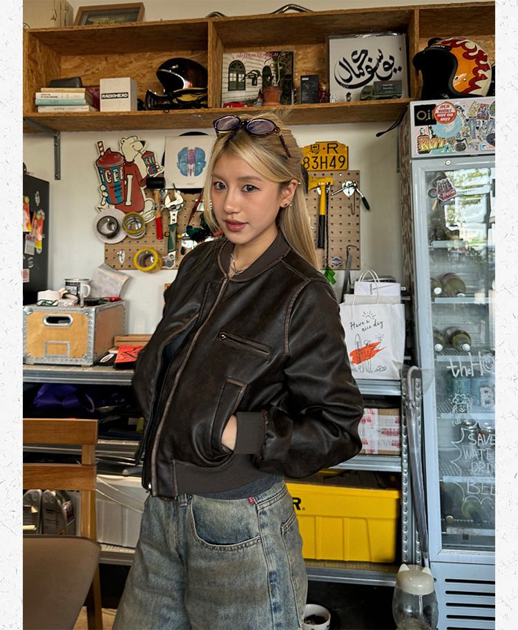 Veste de moto courte en cuir américain vintage fabriquée à la main pour femme, nouveau manteau Melad à manches longues, haut polyvalent_voghion.com