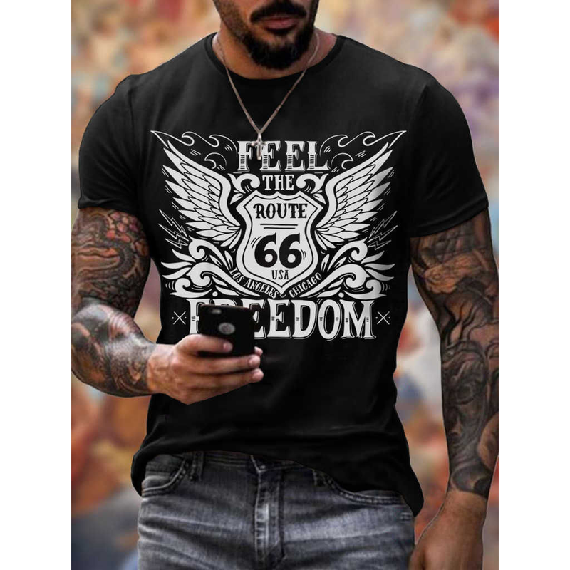 T-shirt da uomo girocollo casual alla moda stampata in 3D della nuova serie Route 66 estiva 2022_voghion.com