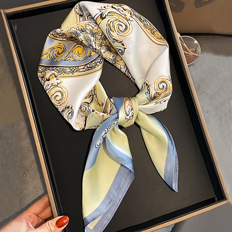 Romersk mønstret blomstermønster firkantet simuleret silketørklæde, elegant stil, solcreme hovedtørklæde til kvinder_voghion.com
