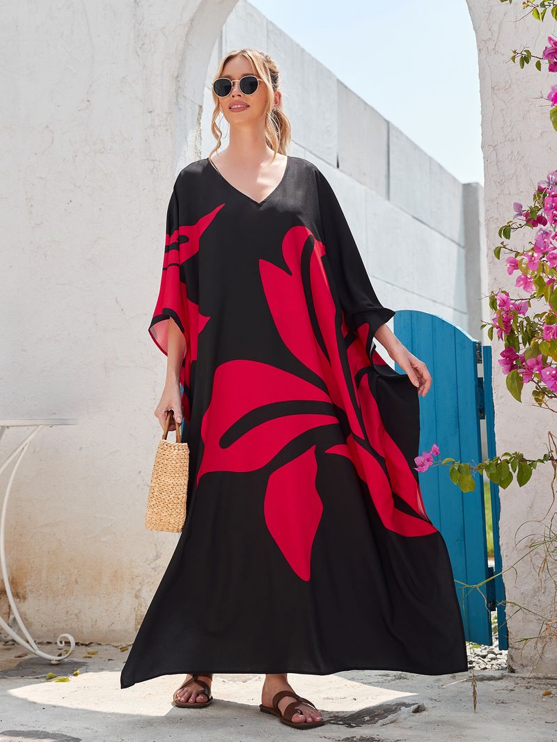 Überwurfkleid mit Fledermausärmeln im Bohemian-Print – Leichter Strandkimono für Damen, Bikini-Wickeltuch, Urlaubstunika in Übergröße, schnelltrocknendes Polyester_voghion.com