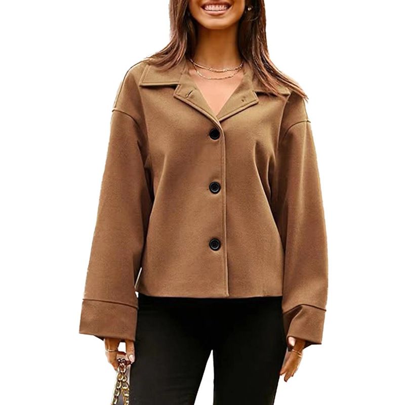 Blazer de bureau décontracté à manches courtes et boutonné pour femme - Coupe ajustée - Mélange de polyester et d'élasthanne extensible - Noir, blanc, gris, olive, camel_voghion.com