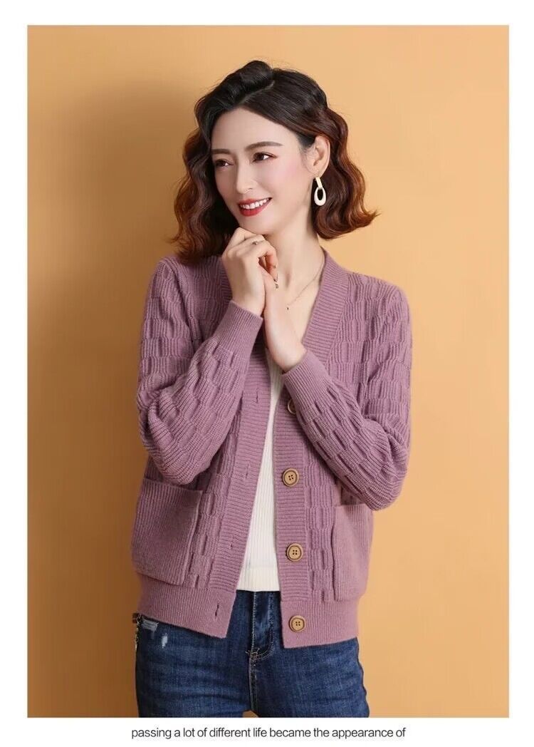 【 Cashmere Family 】 V-Ausschnitt Woll-Cardigan, Damen kariertes Temperament, Mutters gestrickter Außenschichtpullover,_voghion.com