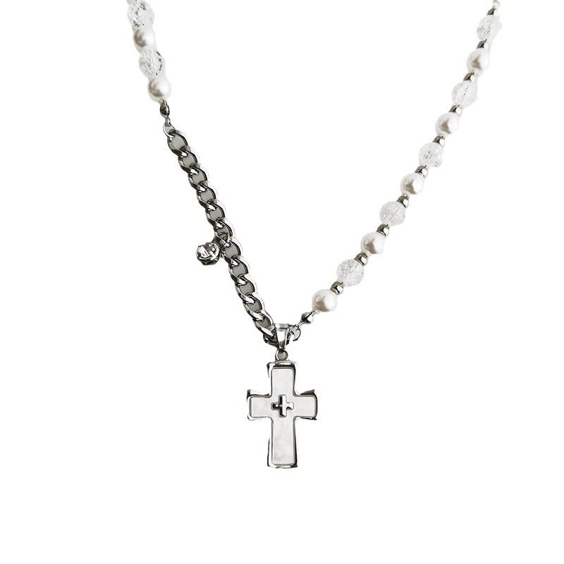 Perlenkreuz-Halskette aus Titanstahl, kubanischer süßer cooler Stil, Anhänger, Unisex, Schlüsselbeinkette, 2025, neues Modell_voghion.com