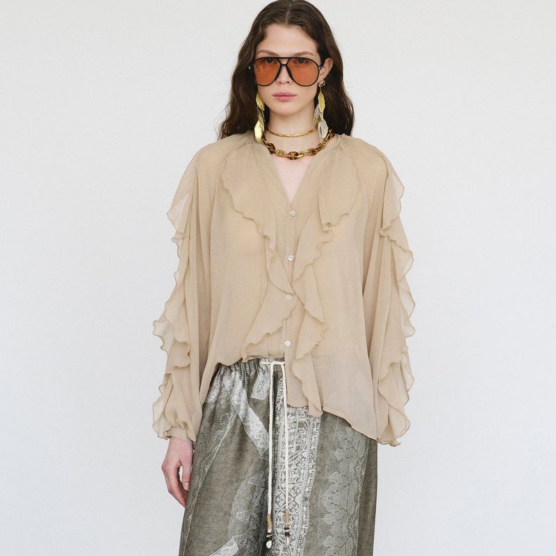 Elegant Chiffon Blouse With Cascading Hem – Flowy V-Neck Shirt With Ruffle Detail (Polyester, S-L, White/Pink/Khaki, Boho Office )_voghion.com