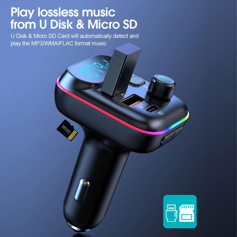 Car Fast Bluetooth 5.0 FM Transmitter PD Dual Player Music Type-C Colorful Ambient MP3 Light Cigarette Lighter USB C0E3_voghion.com