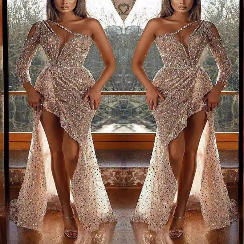cross border women's dreamy socialite party party quality sexy high slit long sleeved sequined banquet evening dress_voghion.com