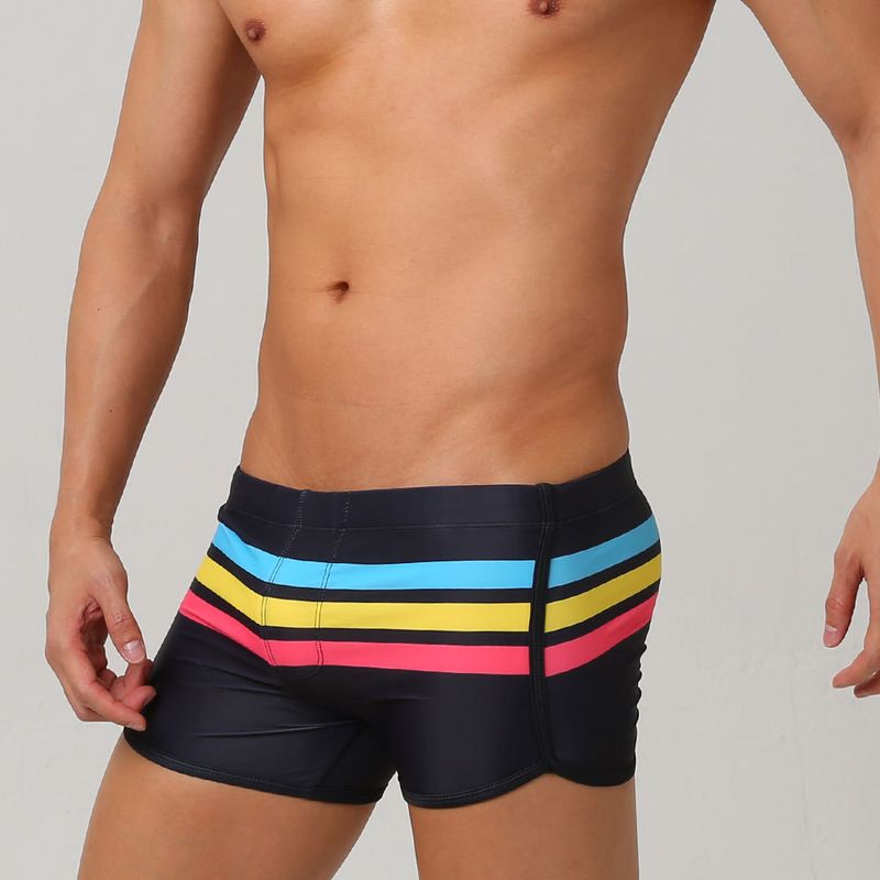 Men's Clothing UXH Men's New Style Sports Split Color Striped Boxer Sports Shorts Nylon Swim Beach Shorts Swim Trunks_voghion.com