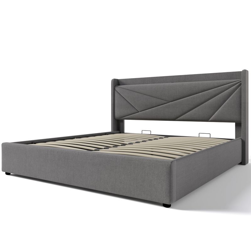 Lit double avec chargement USB Type-C, lit coffre avec sommier à lattes, tête de lit capitonnée en lin, matelas pour jeunes 160 x 200 cm (matelas non inclus)_voghion.com