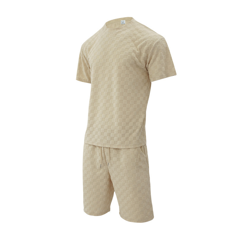 Man's clothing Men's summer jacquard check short sleeve T-shirt loose large size straight leg casual shorts set_voghion.com