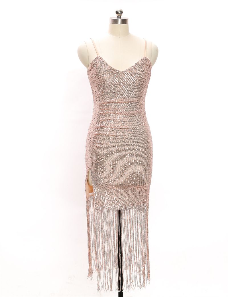 2022 Sommer Neues Sexy V-Ausschnitt Quaste Slip Kleid High-End Slim Midi Rock für Frauen_voghion.com