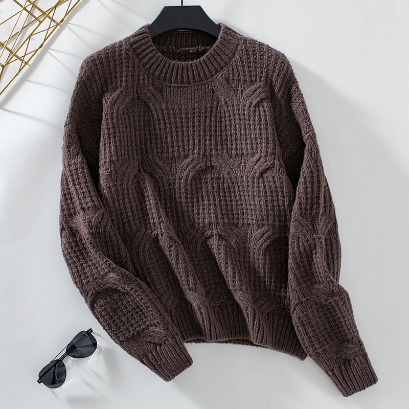 Women's autumn and winter new item solid color pullover twisted flower round neck thick thread sweater for women_voghion.com