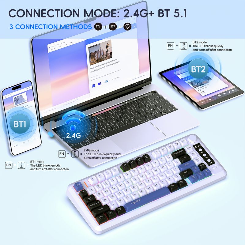 Three Mode Bluetooth Wireless Thin Film Keyboard Double Color Ball Cap 81 Keys Rechargeable Flashing Office Game Keyboard Spot_voghion.com
