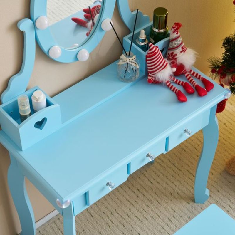 Set da toeletta Play Lights con sgabello contenitore, sgabello da toeletta, scrivania con cassetti, 5 cassetti, specchio e trucco_voghion.com
