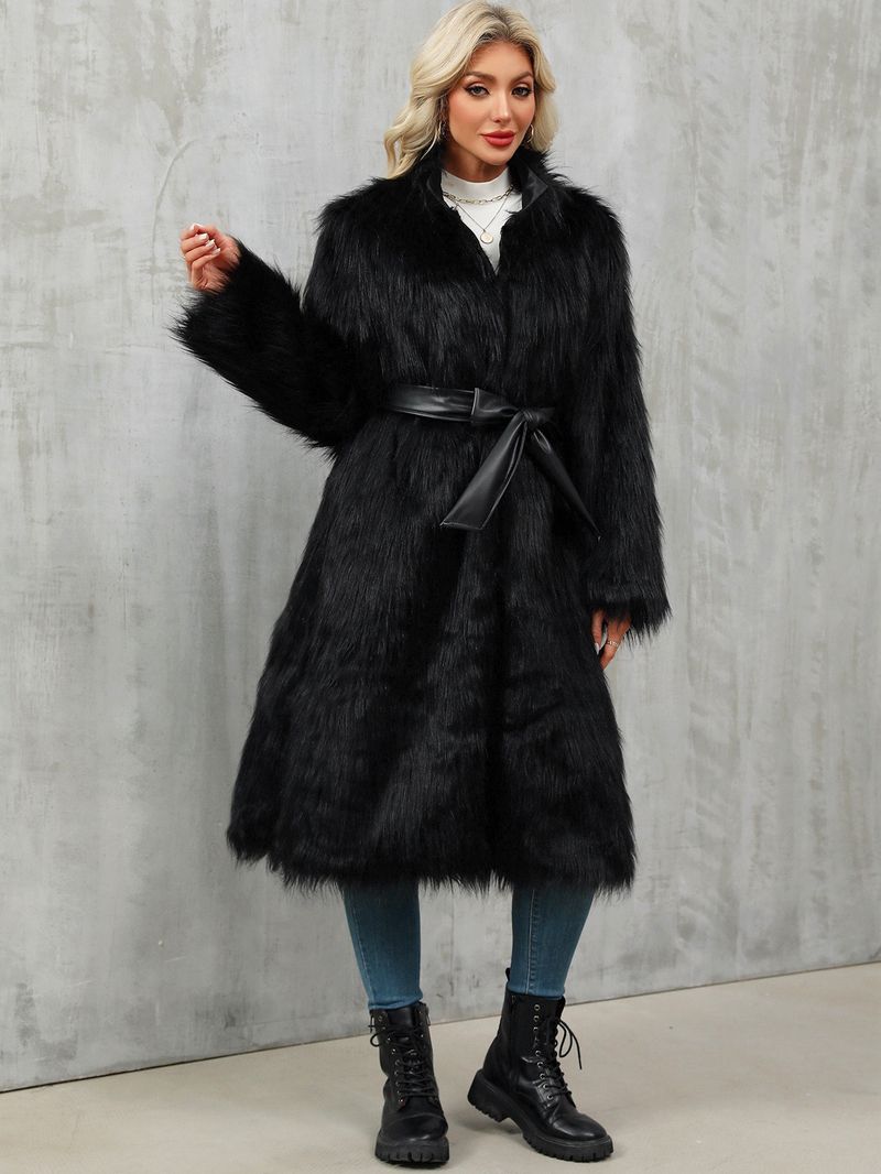 Damen-Kunstpelzmantel – Langer Plüsch-Trenchcoat mit Gürtel (S-XXXL, Schwarz/Polarfuchs, Eleganter Wintermantel)_voghion.com