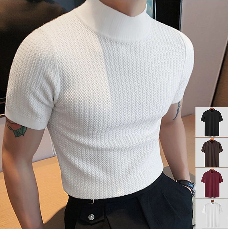 Unbeatable Quality 2024 Summer New Casual Simple Knitted Bottom Shirt For Men's High Collar Water Wave Solid Color T-shirt_voghion.com