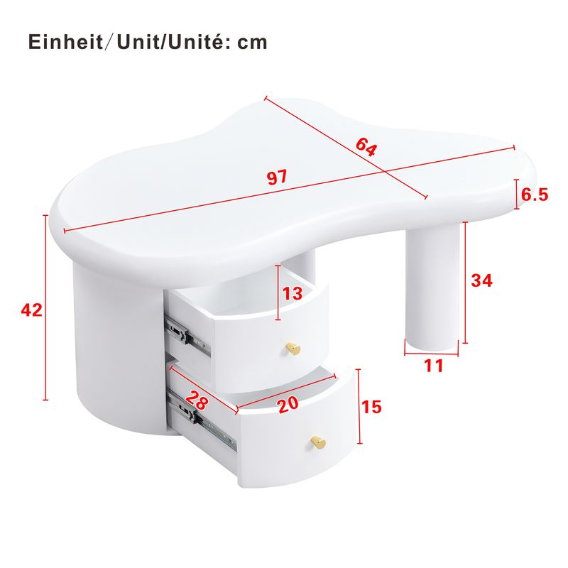 Table basse blanche moderne de forme irrégulière avec 2 tiroirs, design compact et élégant, robuste et pratique pour le salon et une utilisation polyvalente._voghion.com