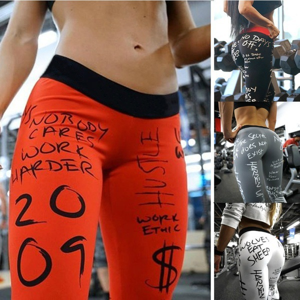 Alphabet printed multi-color high waisted high elastic running 9-point leggings yoga pants_voghion.com