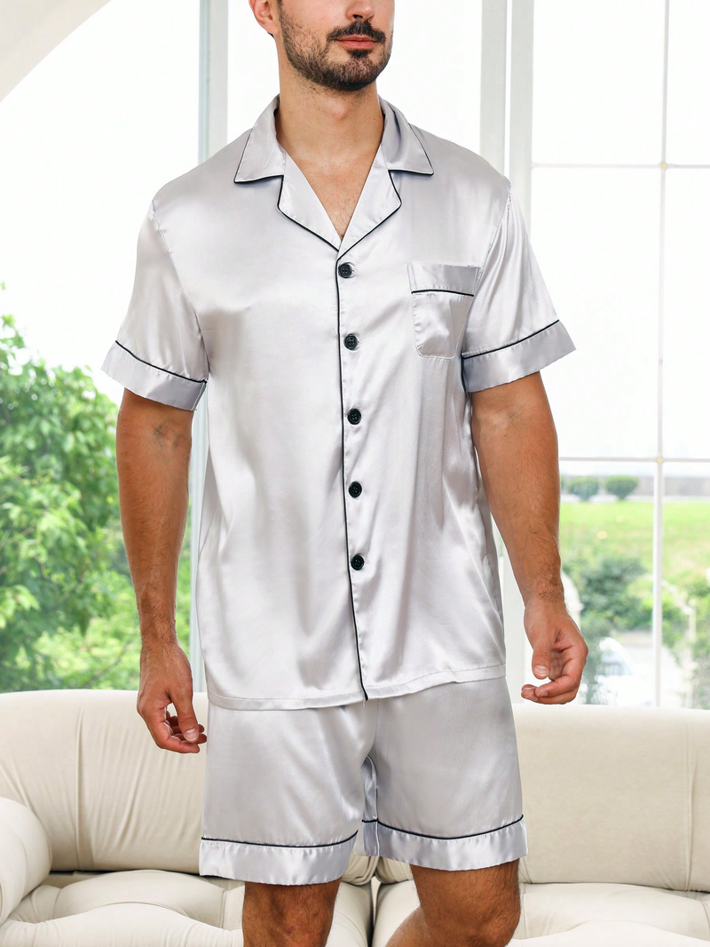 Grenzgrenzend europäesch Männer grouss Gréisst locker Heem Kleeder Summer Männer breathable dënn kuerz Ärmelen Shorts Äis Seid Pyjamas Set_voghion.com