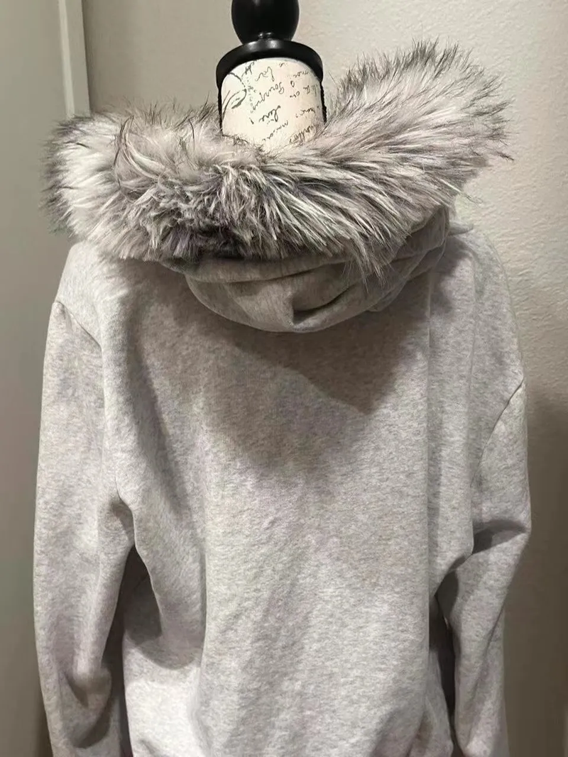 Nuovo cappello di pelliccia hip-hop di tendenza giovanile, giacca con cappuccio e cerniera foderata in pile, cardigan grigio_voghion.com