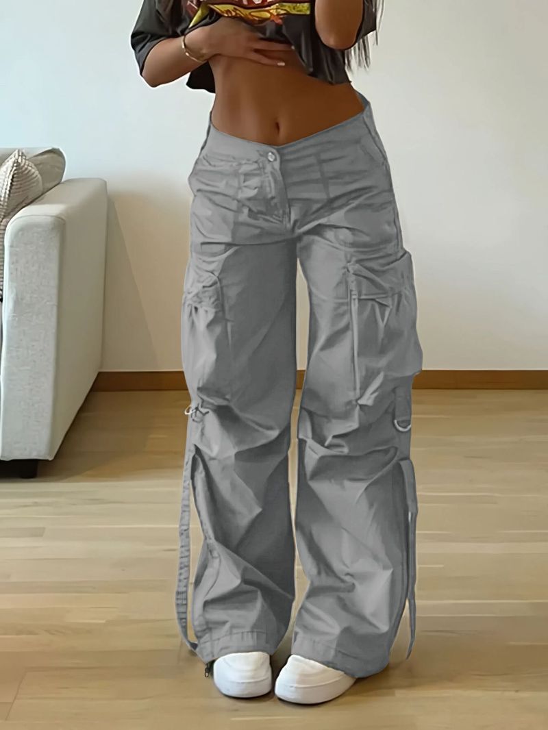 Pantaloni da donna retrò, con tasche, cuciture, vita media, gamba larga, coulisse, casual, tinta unita_voghion.com