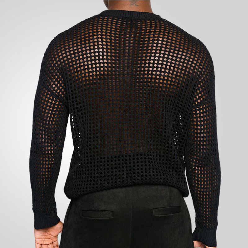 Men's sexy hollow out men's knitted versatile style round neck pullover thin sweater SY0118_voghion.com